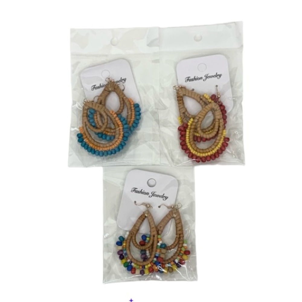 3 Piece Set Bundle Calorvia Boho Wooden Beaded Rattan Earrings Teardrop Alloy